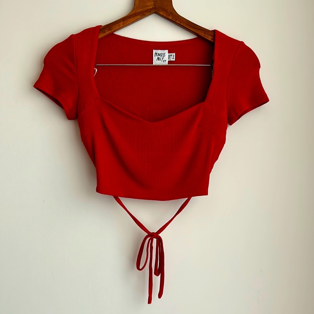 Princess Polly Red Ribbed Tie Back Cropped Shirt